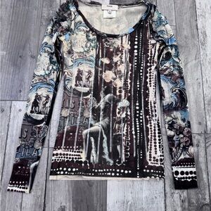 Women Vintage Fuzzi Jean Paul Gaultier Sheer Mesh Graphic Long Sleeve Top XS